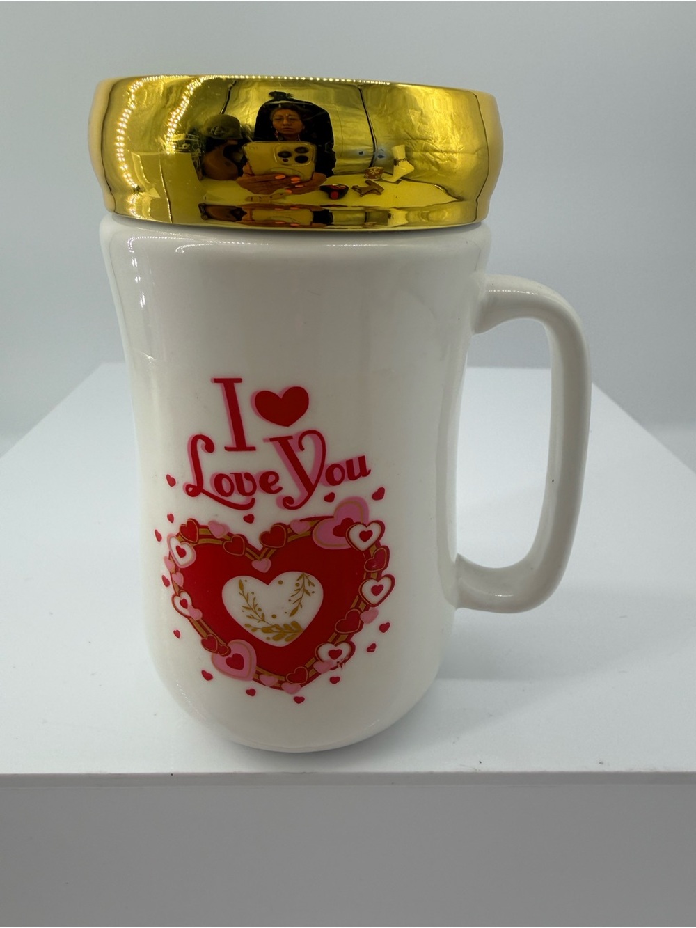 I Love You Heart Ceramic Mug with Gold Lid